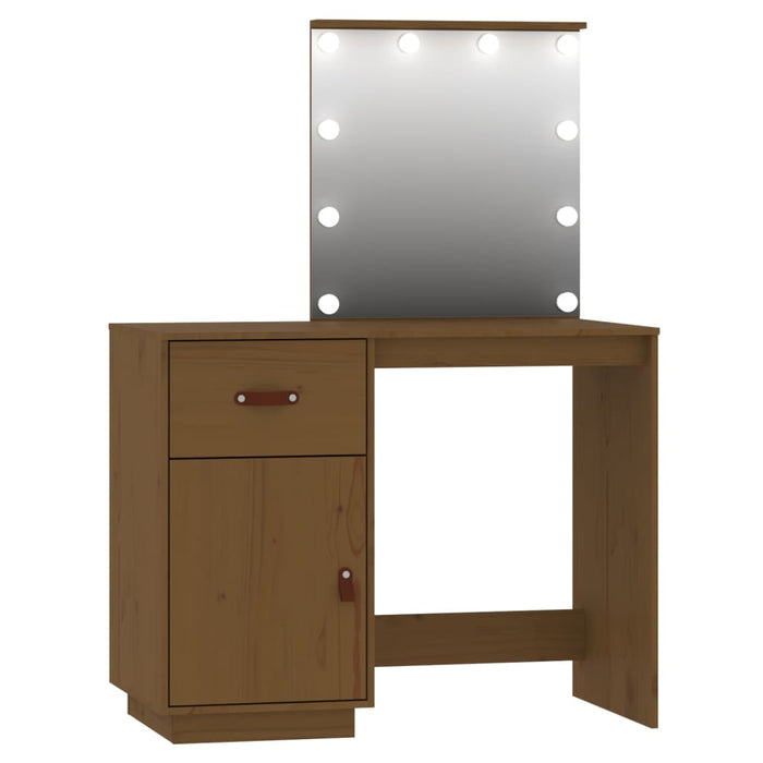 Dressing Table Set with LED Honey Brown Solid Wood Pine