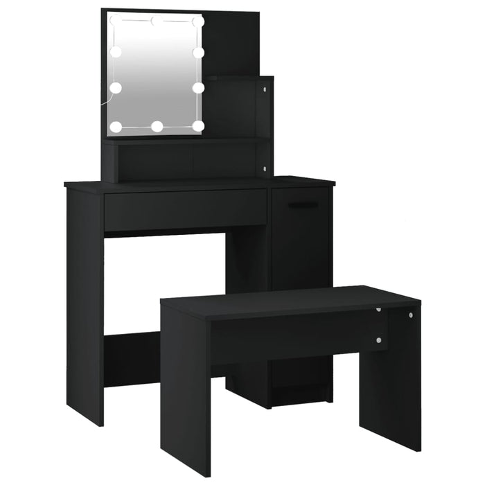 Dressing Table Set with LED Black Engineered Wood