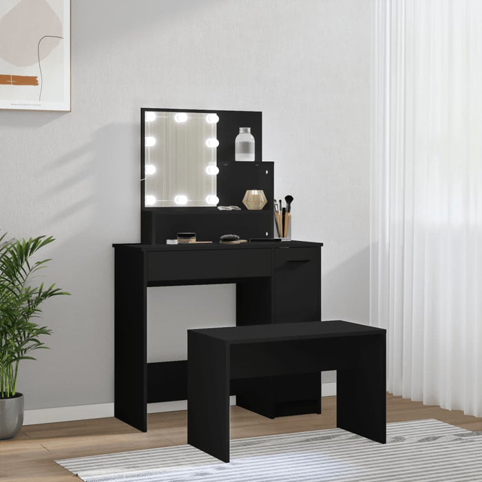 Dressing Table Set with LED Black Engineered Wood