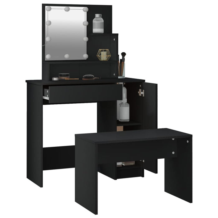 Dressing Table Set with LED Black Engineered Wood