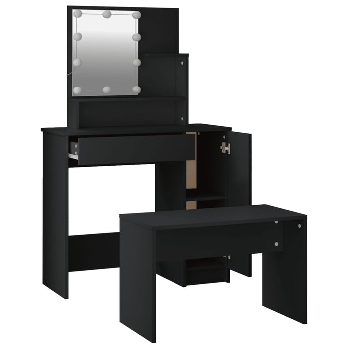 Dressing Table Set with LED Black Engineered Wood