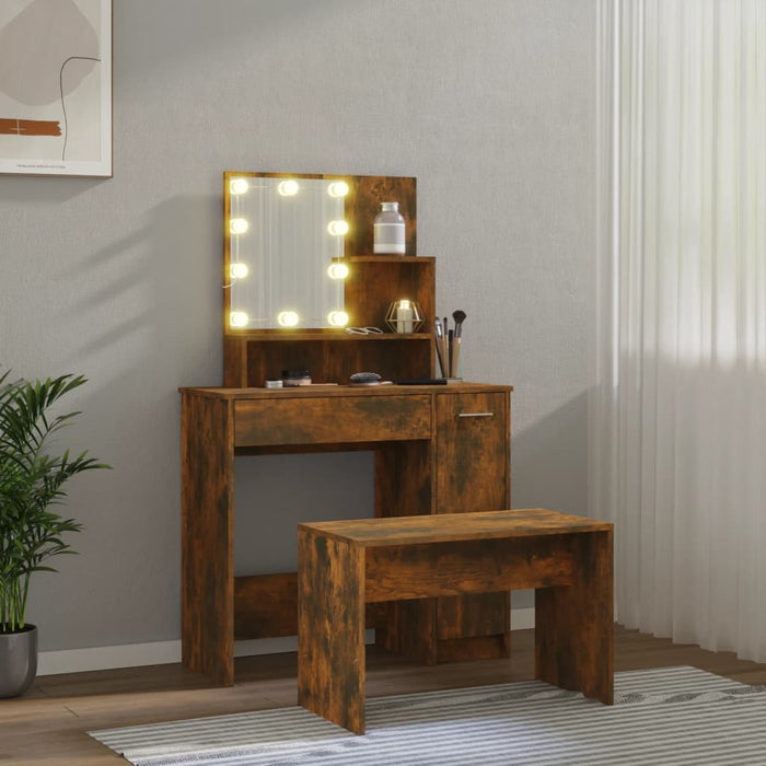 Dressing Table Set with LED Smoked Oak Engineered Wood