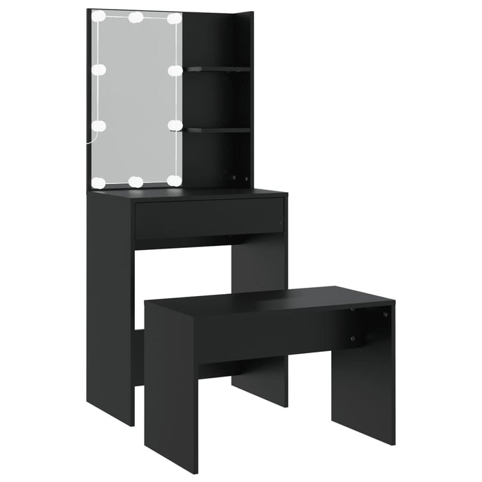 Dressing Table Set with LED Black Engineered Wood