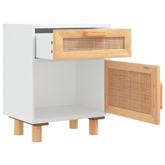 Bedside Cabinet White Solid Wood Pine and Natural Rattan