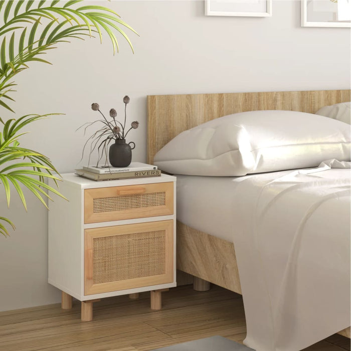 Bedside Cabinet White Solid Wood Pine and Natural Rattan