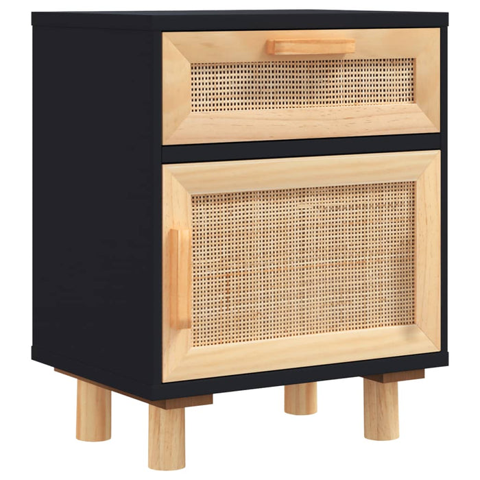 Bedside Cabinet Black Solid Wood Pine and Natural Rattan