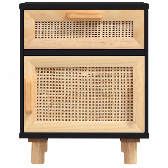 Bedside Cabinet Black Solid Wood Pine and Natural Rattan