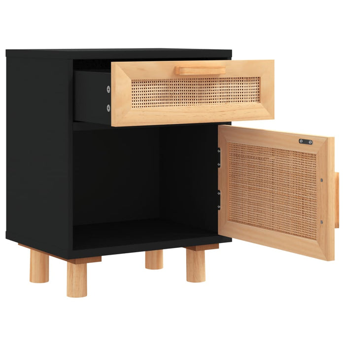 Bedside Cabinet Black Solid Wood Pine and Natural Rattan