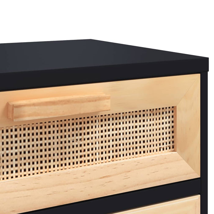 Bedside Cabinet Black Solid Wood Pine and Natural Rattan