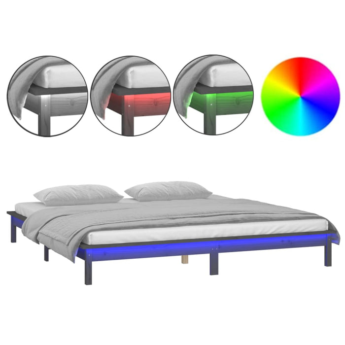 LED Bed Frame without Mattress Grey 135x190 cm Double Double Solid Wood