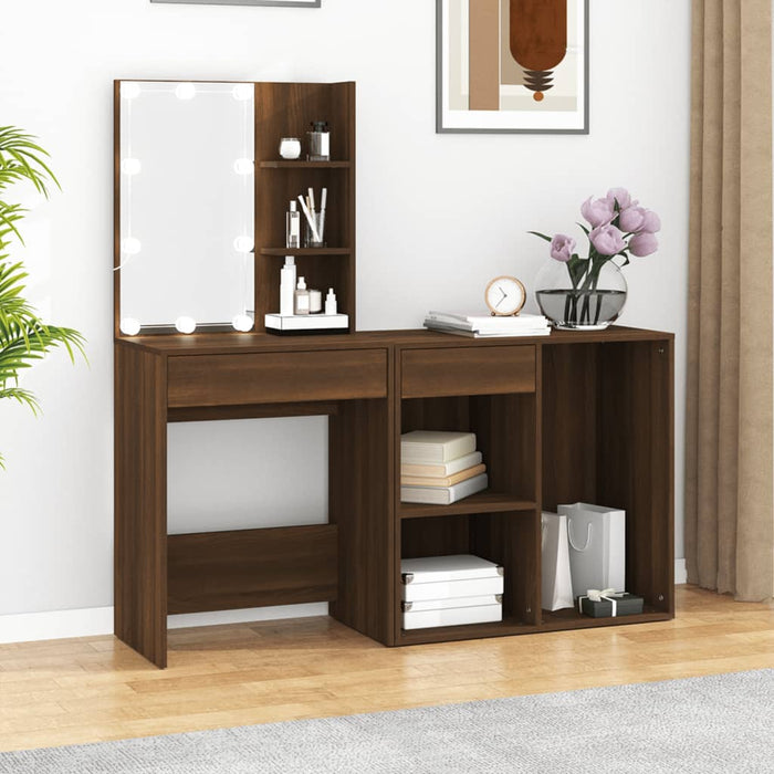 LED Dressing Table with Cabinet Brown Oak Engineered Wood