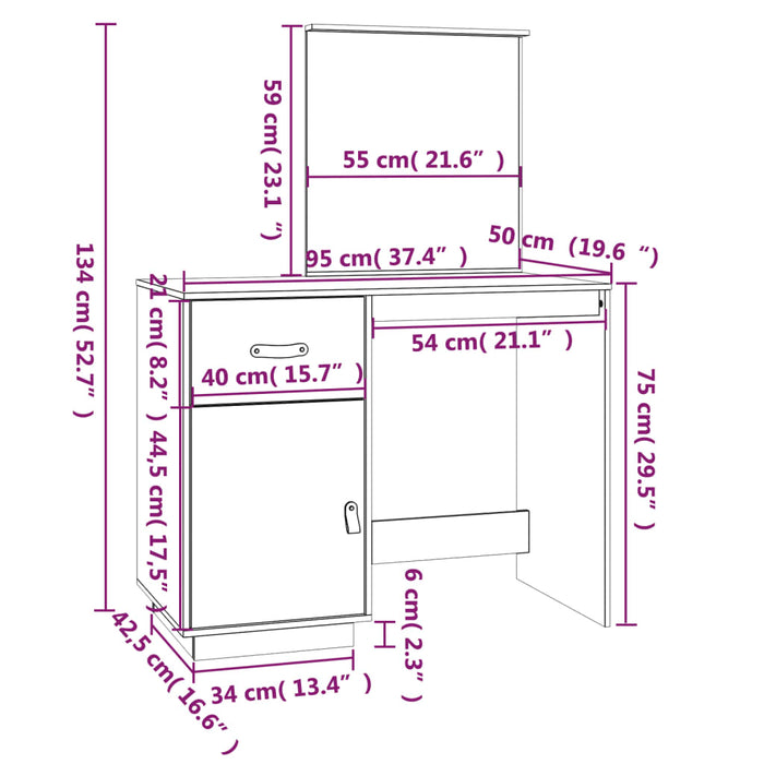 Dressing Table Grey 95x50x134 cm Solid Wood Pine