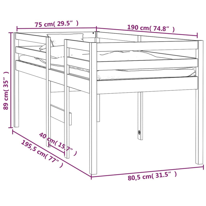 High Sleeper Bed without Mattress 75x190 cm Small Single Solid Wood Pine