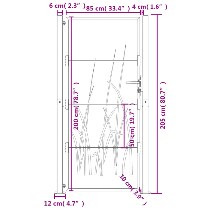 Садовые ворота 105x205 см из кортеновской стали с травяным узором