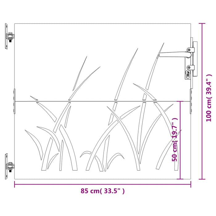 Садовые ворота 85x100 см из кортеновской стали с травяным узором