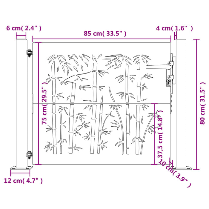 Садовые ворота 105x80 см из кортеновской стали с бамбуковым дизайном