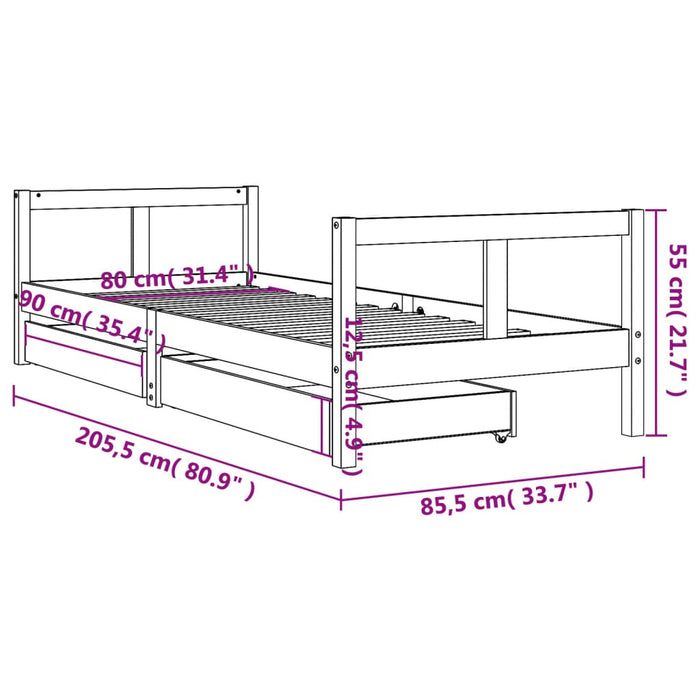 Kids Bed Frame with Drawers 80x200 cm Solid Wood Pine