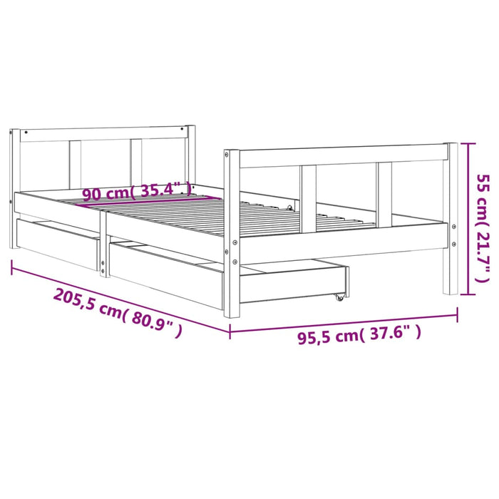 Kids Bed Frame with Drawers White 90x200 cm Solid Wood Pine