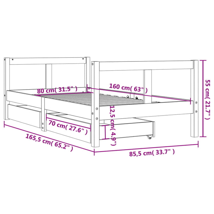 Kids Bed Frame with Drawers Black 80x160 cm Solid Wood Pine