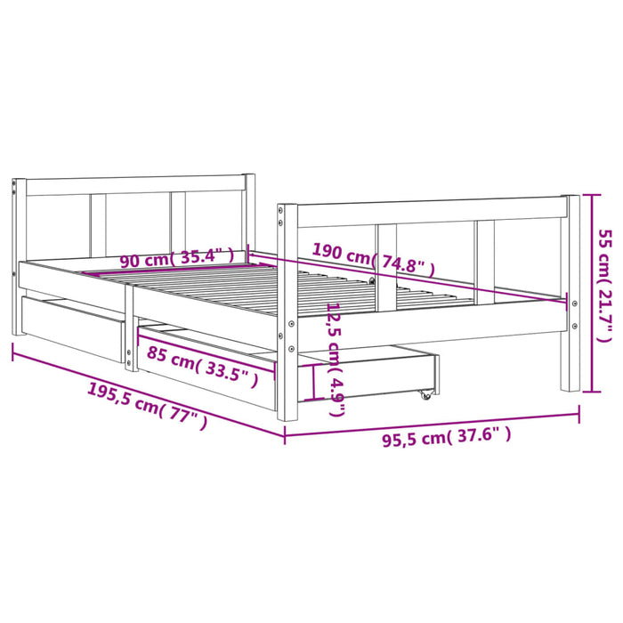 Kids Bed Frame with Drawers White 90x190 cm Solid Wood Pine