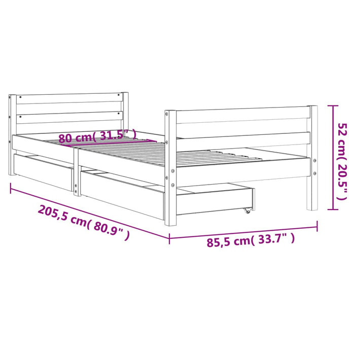 Kids Bed Frame with Drawers Black 80x200 cm Solid Wood Pine