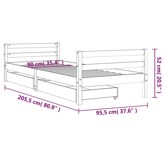 Kids Bed Frame with Drawers Black 90x200 cm Solid Wood Pine