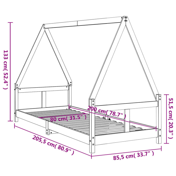 Kids Bed Frame Black 80x200 cm Solid Wood Pine