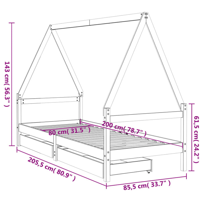 Kids Bed Frame with Drawers Black 80x200 cm Solid Wood Pine