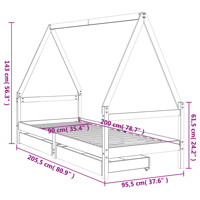 Kids Bed Frame with Drawers White 90x200 cm Solid Wood Pine