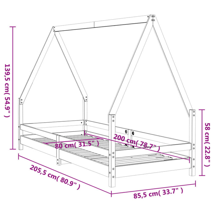 Kids Bed Frame Black 80x200 cm Solid Wood Pine