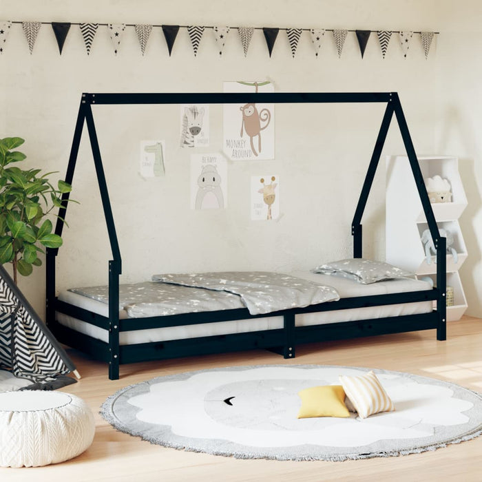 Kids Bed Frame Black 90x200 cm Solid Wood Pine