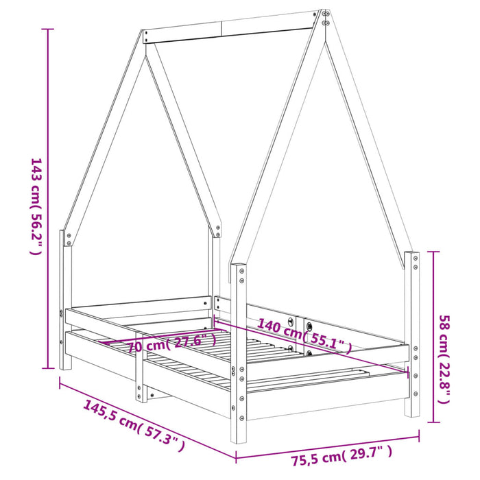 Kids Bed Frame Black 70x140 cm Solid Wood Pine