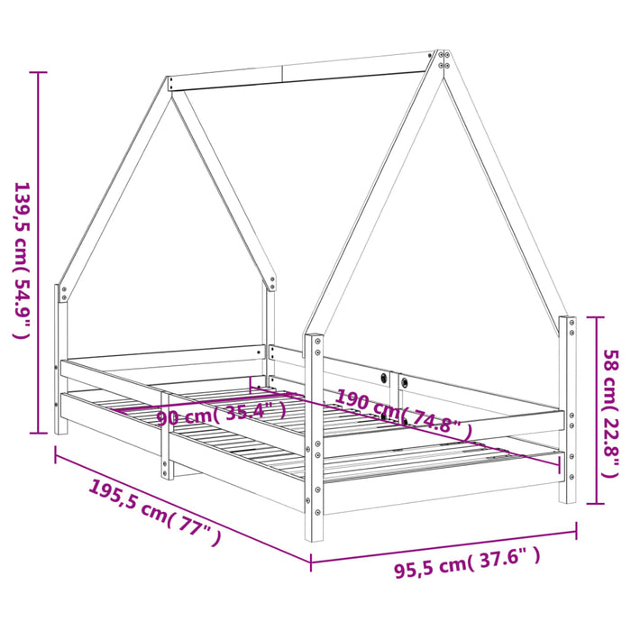 Kids Bed Frame Black 90x190 cm Solid Wood Pine