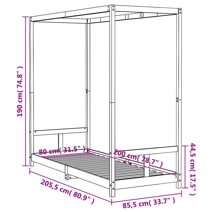 Kids Bed Frame Black 80x200 cm Solid Wood Pine