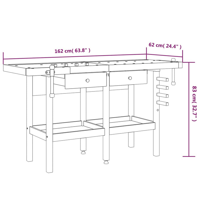 Workbench with Drawers and Vices 162x62x83 cm Solid Wood Acacia