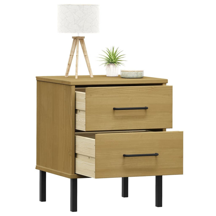 Bedside Cabinet with Metal Legs Brown Solid Wood Pine OSLO