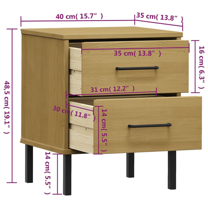 Bedside Cabinet with Metal Legs Brown Solid Wood Pine OSLO