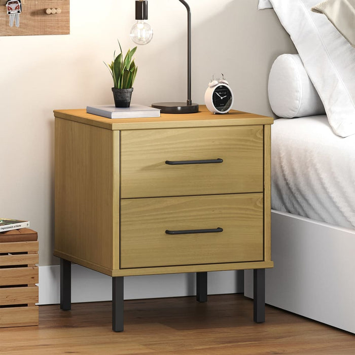 Bedside Cabinet with Metal Legs Brown Solid Wood Pine OSLO