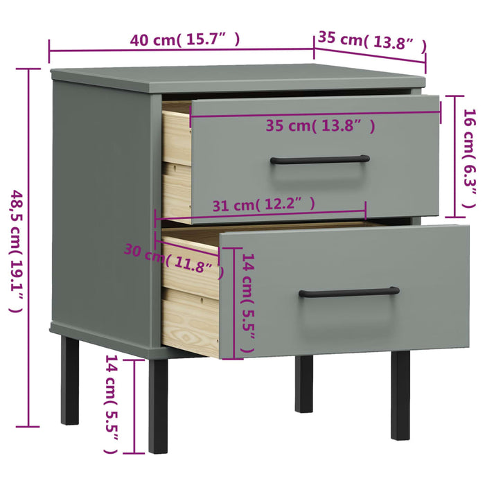 Bedside Cabinet with Metal Legs Grey Solid Wood Pine OSLO