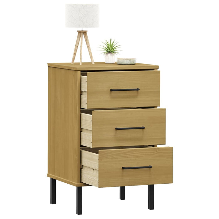 Bedside Cabinet with Metal Legs Brown Solid Wood Pine OSLO