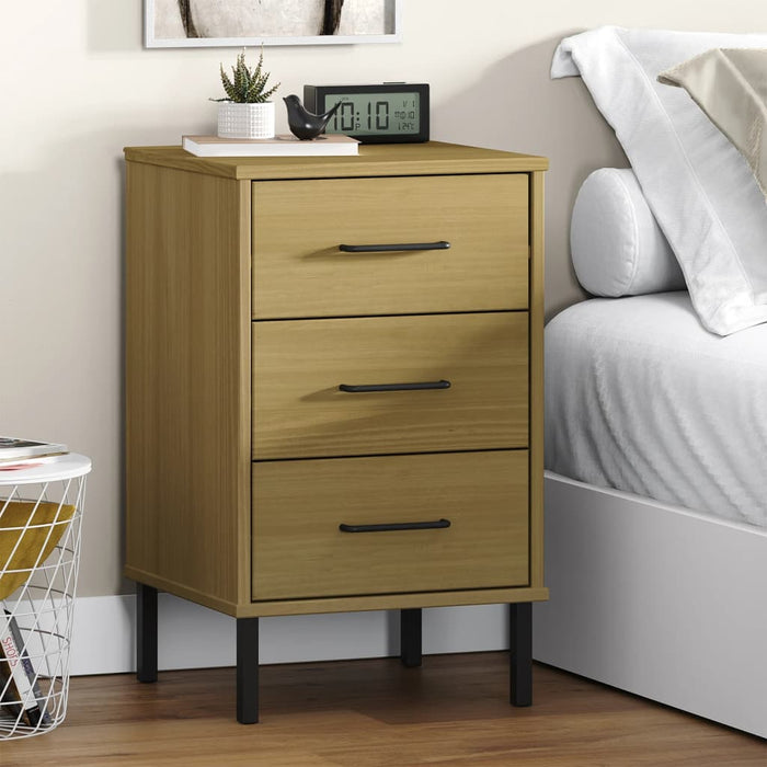 Bedside Cabinet with Metal Legs Brown Solid Wood Pine OSLO