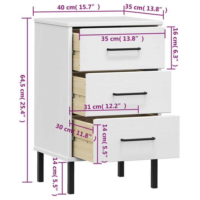 Bedside Cabinet with Metal Legs White Solid Wood Pine OSLO