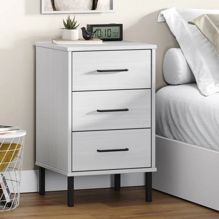 Bedside Cabinet with Metal Legs White Solid Wood Pine OSLO