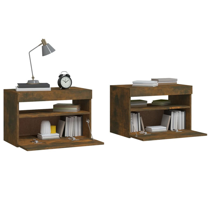 Bedside Cabinets 2 pcs with LED Lights Smoked Oak 60x35x40 cm