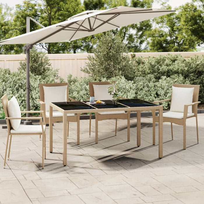 Garden Table with Glass Top Beige Poly Rattan&Tempered Glass