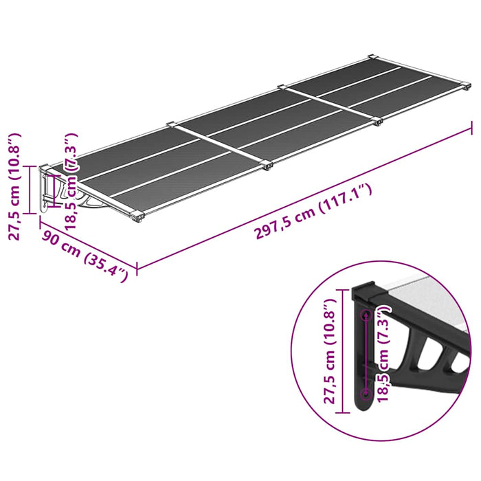 Baldachin Ușă Negru și Transparent 297,5x90 cm Policarbonat