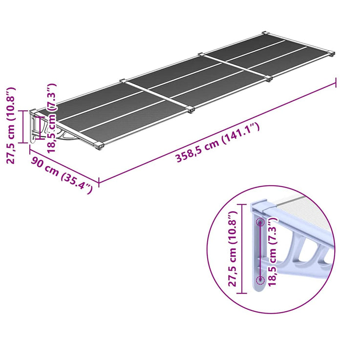 Baldachin Ușă Gri și Transparent 358,5x90 cm Policarbonat