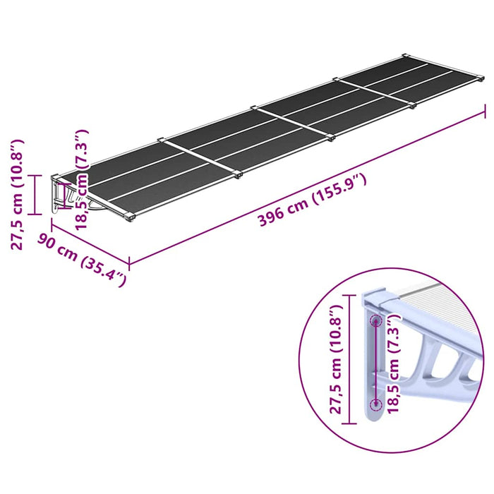 Door Canopy Grey and Transparent 396x90 cm Polycarbonate