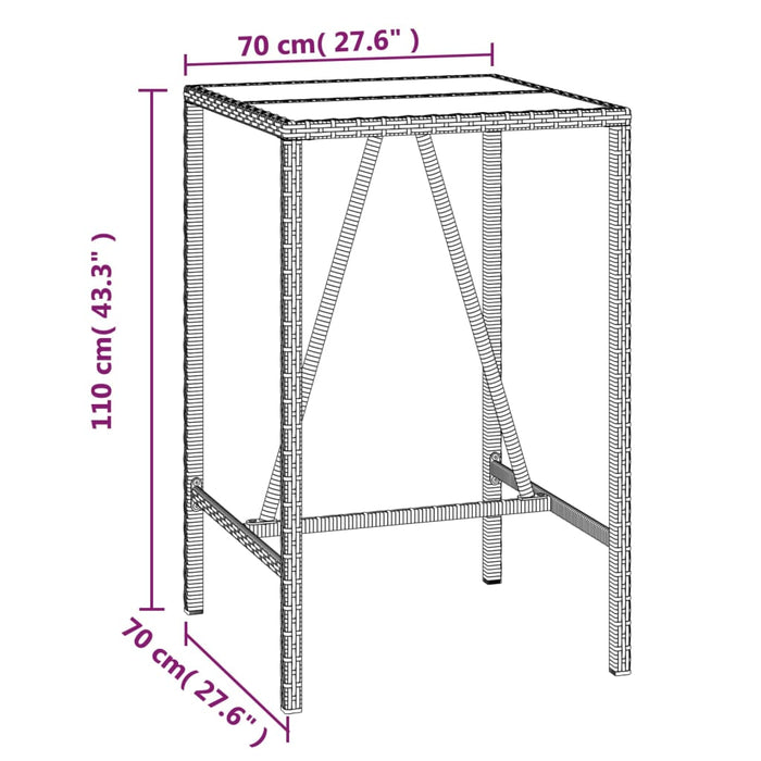 Бар маса със стъклен плот Черен 70x70x110 см полиратан