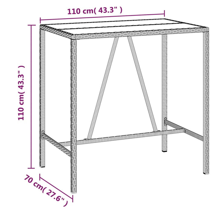 Bar Table with Glass Top Brown 110x70x110 cm Poly Rattan